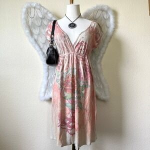 Girly Grunge Vintage y2k‎ pink Fairy Roses Whimsygoth Boho Babydoll Midi Dress L